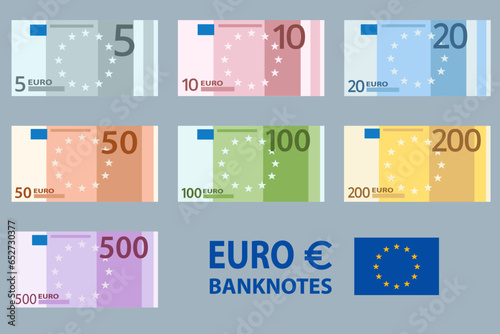 Stacksof Banknotes in denominations of 5,10, 20, 50 , 100, 200 and 500 euros on a white background. European Union paper money five, ten, twenty, fifty, one hundred, two hundred, five hundred euros. photo
