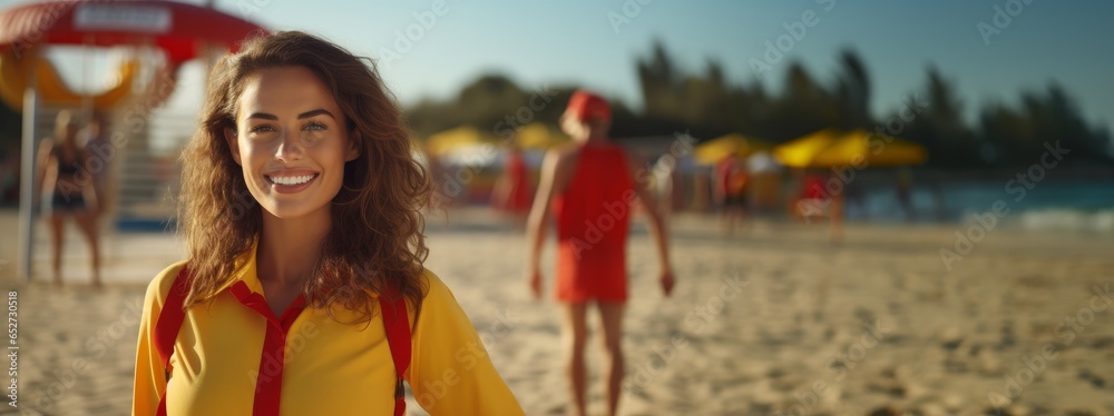 Joyful woman in a lifeguard suit on the background of the beach with copy space.