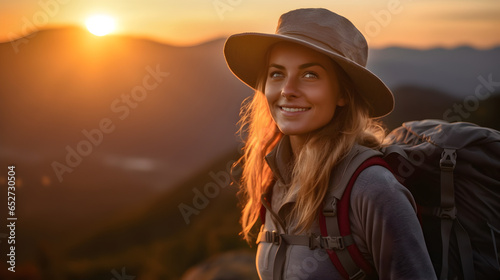 A hiking girl smiles at the camera while enjoying the sunset on the top of the mountains, generative ai 