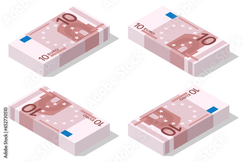 Isometric Banknotes in denominations of 10 euros on a white background. European Union paper money ten euros.