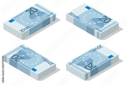 Isometric Banknotes in denominations of 20 euros on a white background. European Union paper money twenty euros.