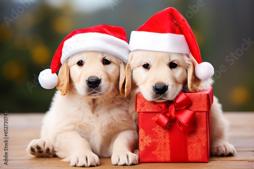 two dogs with santa's hats on top of gift boxes