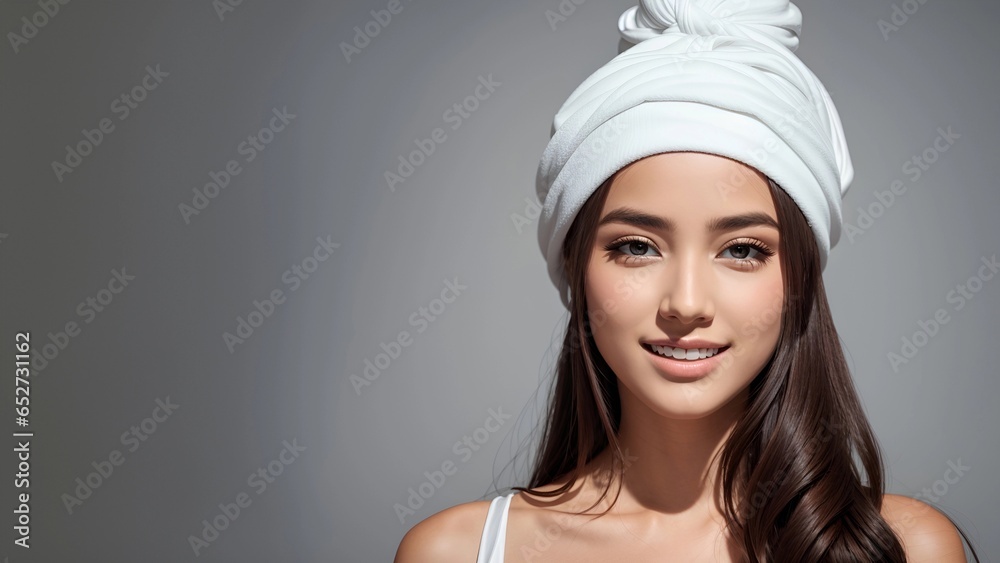 attractive woman face in towel on white background attractive woman face in towel on white background