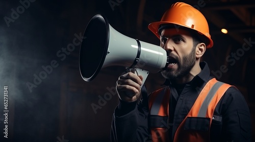 An engineer shouts into a megaphone with copy space.
