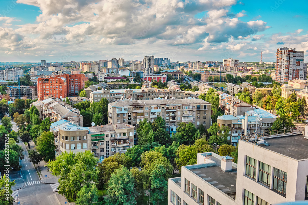 Kharkiv, Ukraine 2023. Aerial view of downtown residential buildings.