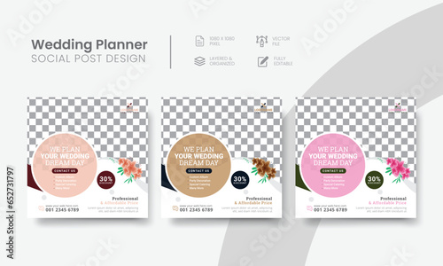 Versatile wedding planner social media post for commercial event management. Latest wedding planner social media post layout design for event management banner ads. Vol - 18