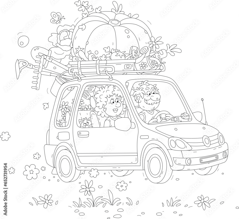 vetor-de-happy-grandpa-and-grandma-in-a-small-yellow-car-with-a-funny