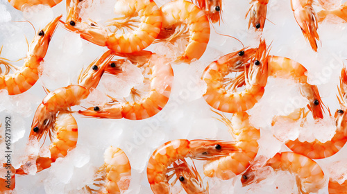 Top view of raw whole shrimps on ice. Seafood background. Generative AI photo