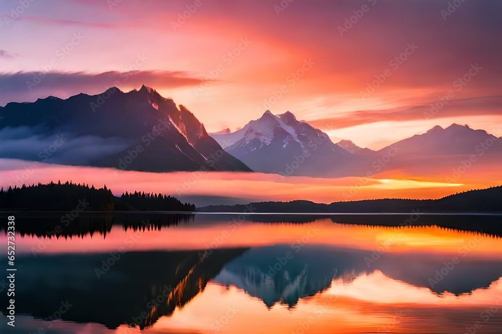  A breathtaking sunset over a serene lake, with vibrant hues of orange and pink reflecting on the calm water, creating a mesmerizing mirrored effect.
