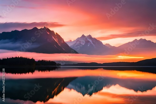  A breathtaking sunset over a serene lake  with vibrant hues of orange and pink reflecting on the calm water  creating a mesmerizing mirrored effect.