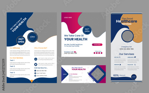 Medical flyer ,facebook cover ,media post,roll up banners design . Modern banner design with 4 color ribbon decoration and place for the photo. Suitable for social media, websites, flyers, and banners