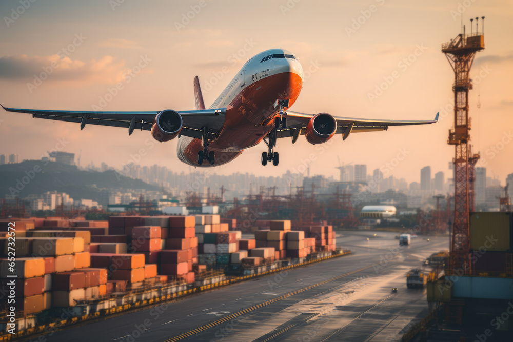 Plane flying over container port in a big city. Transportation and logistics concept - obrazy, fototapety, plakaty 
