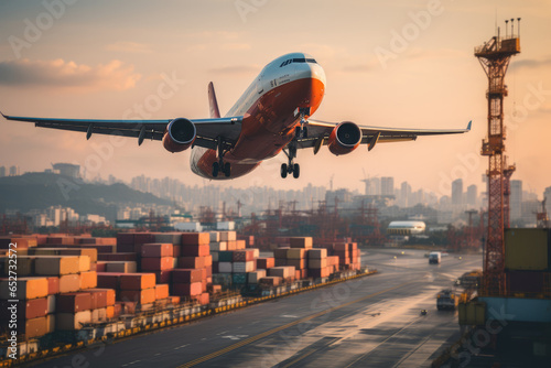 Plane flying over container port in a big city. Transportation and logistics concept