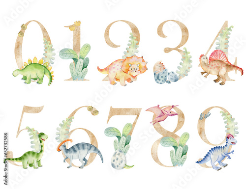 Watercolor dinosaurs numbers for invitation card  nursery poster and other.