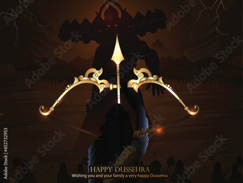 Fotografia creative poster,banner illustration of hand lettring calligraphy of indian festival dussehra with Lord Rama holding Bow and Arrow killing ravana