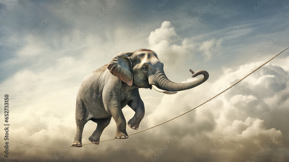 Fototapeta premium elephant walking on rope high in sky, idea of achieving balance and stability even in challenging or precarious situations