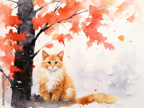 A Minimal Watercolor of a Cat in an Autumn Setting