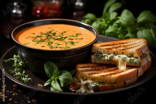  Bowl of creamy tomato soup with a grilled cheese sandwich, Generative AI