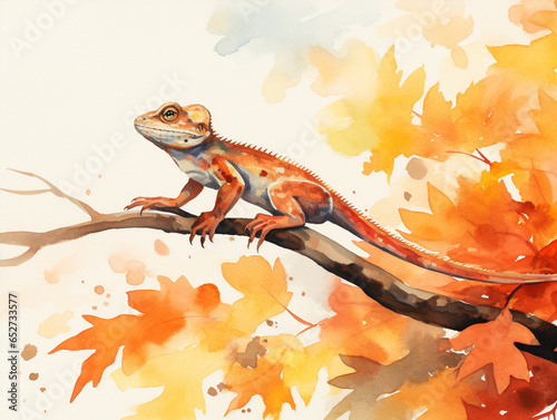 A Minimal Watercolor of a Lizard in an Autumn Setting