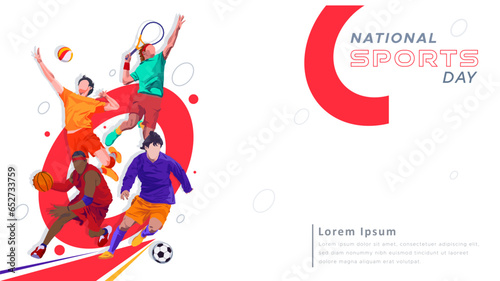 Banner template for national sports day football, basketball, tennis and volleyball background. world sports celebration	