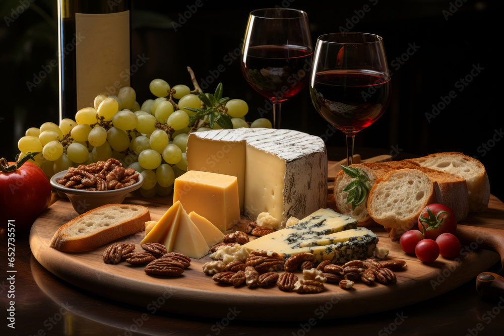  Gourmet cheese platter with wine, Generative AI