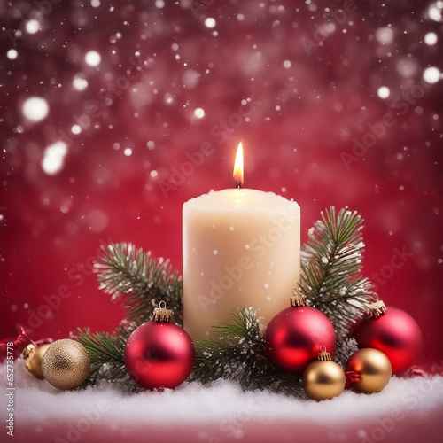 christmas candle, christmas balls, candy canes and pine branches with snowfall © Murad Mohd Zain