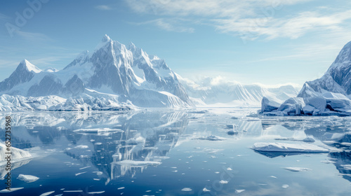Arctic Fantasy Landscape with Icebergs and Beautiful  Panorama Abstract Illustration Digital Art Wallpaper Background Backdrop Cover Magazine © Korea Saii