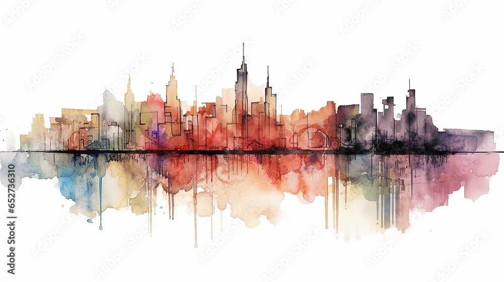 multicolored watercolor flat drawing of a city line in the style of ink spots on a white background.