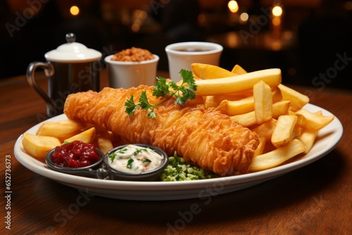 Plate of crispy fish and chips, Generative AI