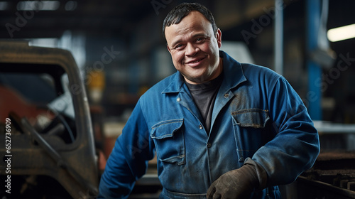 Man with down syndrome working in a mechanical workshop, social inclusion concept. Generative AI