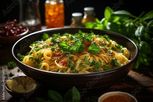 Rustic bowl of pasta with fresh herbs, Generative AI