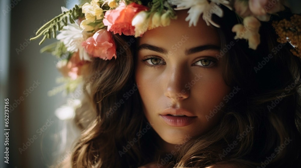 portrait of the girl with a wreath of flowers portrait of the girl with a wreath of flowers
