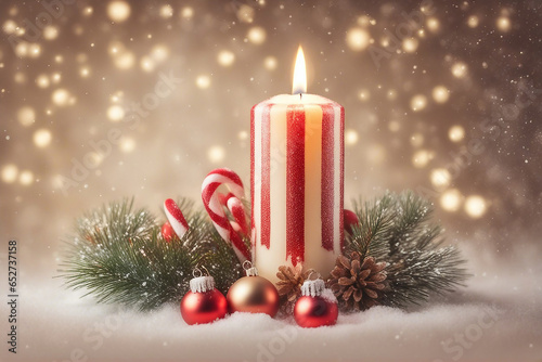 christmas candle, christmas balls, candy canes and pine branches with snowfall