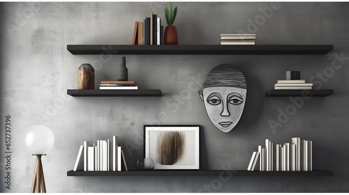 Gray virtual background with wooden shelf, 