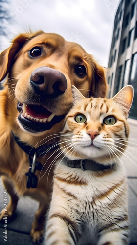 Best buddy friends taking a selfie, cat and dog smile into the camera, generative ai 