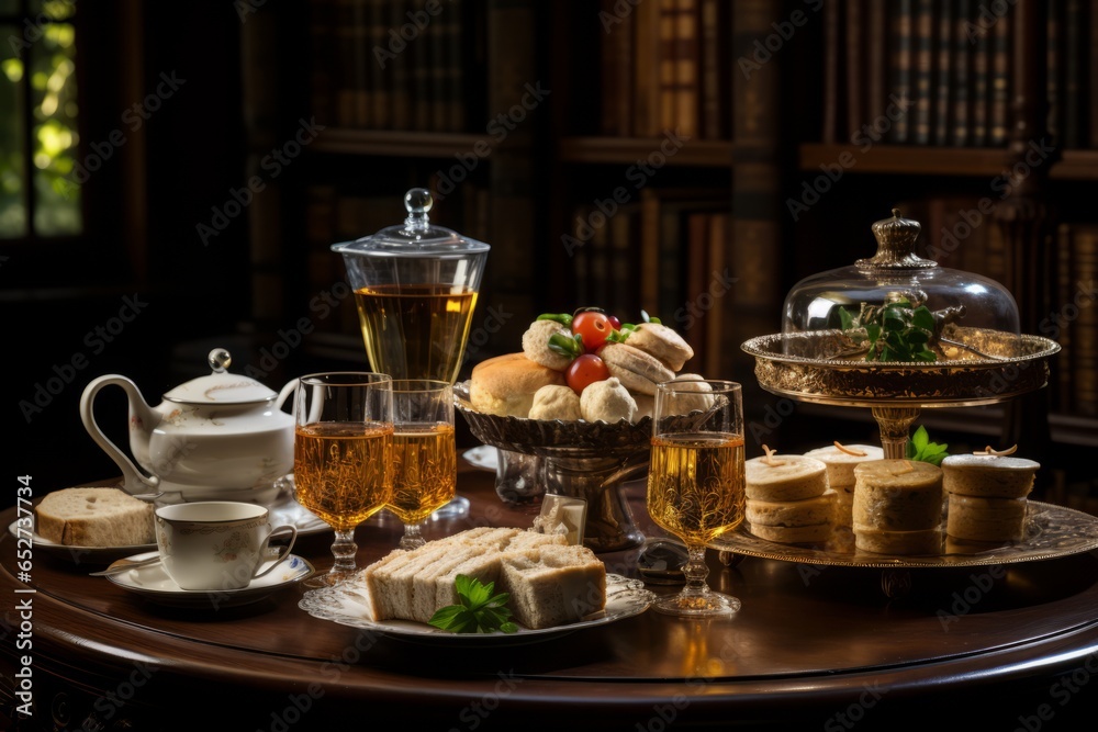 Traditional English afternoon tea spread, Generative AI. - obrazy, fototapety, plakaty 