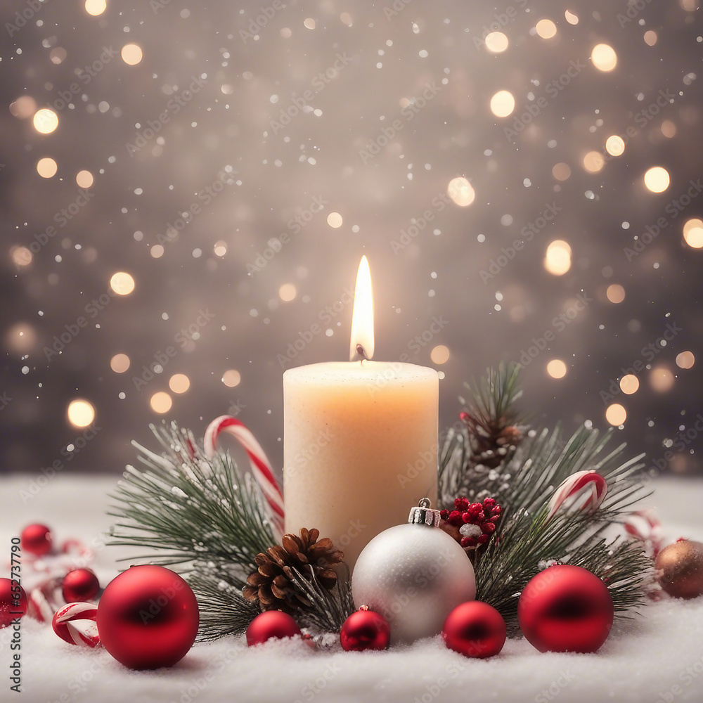 christmas candle, christmas balls, candy canes and pine branches with snowfall