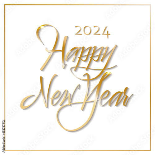 Happy New Year 2024.Hand drawn golden letters isolated on white background. Celebrate party 2024. Christmas poster, banner, cover, brochure, flyer, layout design.