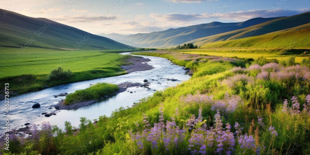Obraz premium A bubbling stream winds its way through a lush valley surrounded by rolling hills blanketed in wildflowers. Generative AI