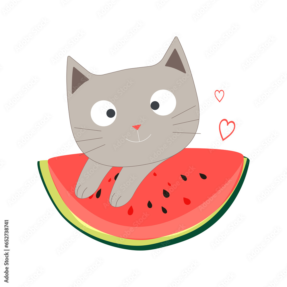 Summer gray cute cartoon cat eating sweet watermelon. Funny print for textiles isolated on a white background. 