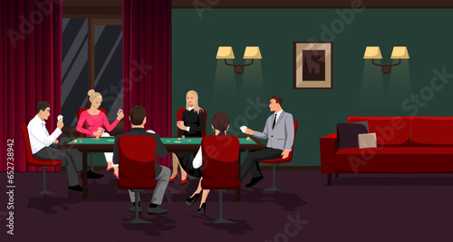 Vegas casino indoor interior. People play poker game, blackjack. Bet money, win chips, closed club, try luck. Comfortable sofa, armchairs. Concept of leisure and entertainment. Vector illustration