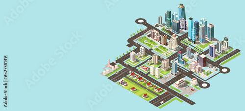 Megapolis city, long street, modern architecture, town center, huge house, urban cityscape, downtown with office skyscraper and building. Business construction. Isometric vector illustration