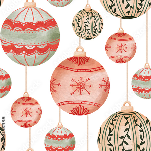 Pattern with Christmas ball and snowflakes. Scandinavian vintage style. Digital watercolor illustration