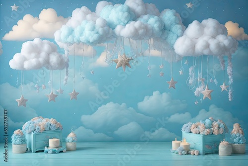 Whimsical Blue Baby Digital Backdrop Photography Background Cake Smash Pastel Backdrop Studio Overlays Photo Shoots Baby Composites Kids