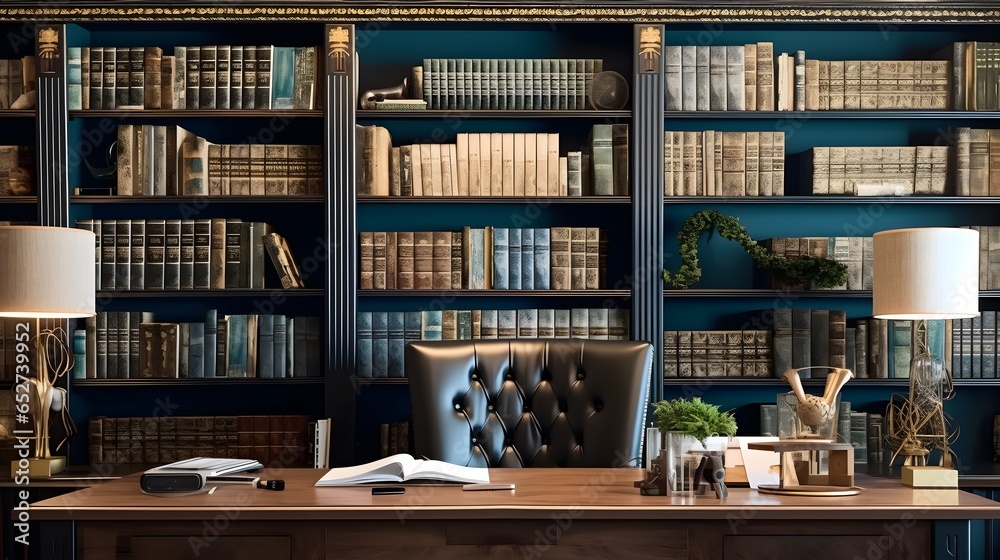 Luxurious virtual office background with wooden shelves Luxurious virtual office background with wooden shelves