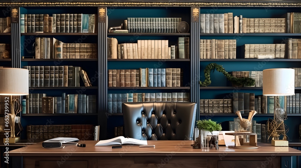 Luxurious virtual office background with wooden shelves