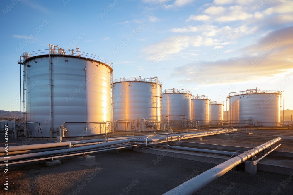 Tank farm with rows of oil storage tanks. Tank farm with rows of oil storage tanks.
