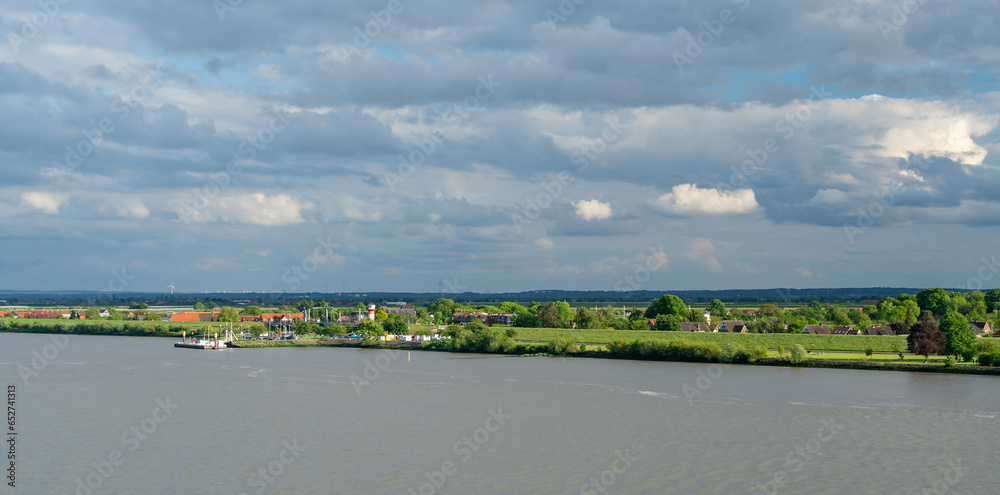 Panorama of the Elbe near Hamburg, in the old country, with the Lühe pier, Germany Panorama of the Elbe near Hamburg, in the old country, with the Lühe pier, Germany