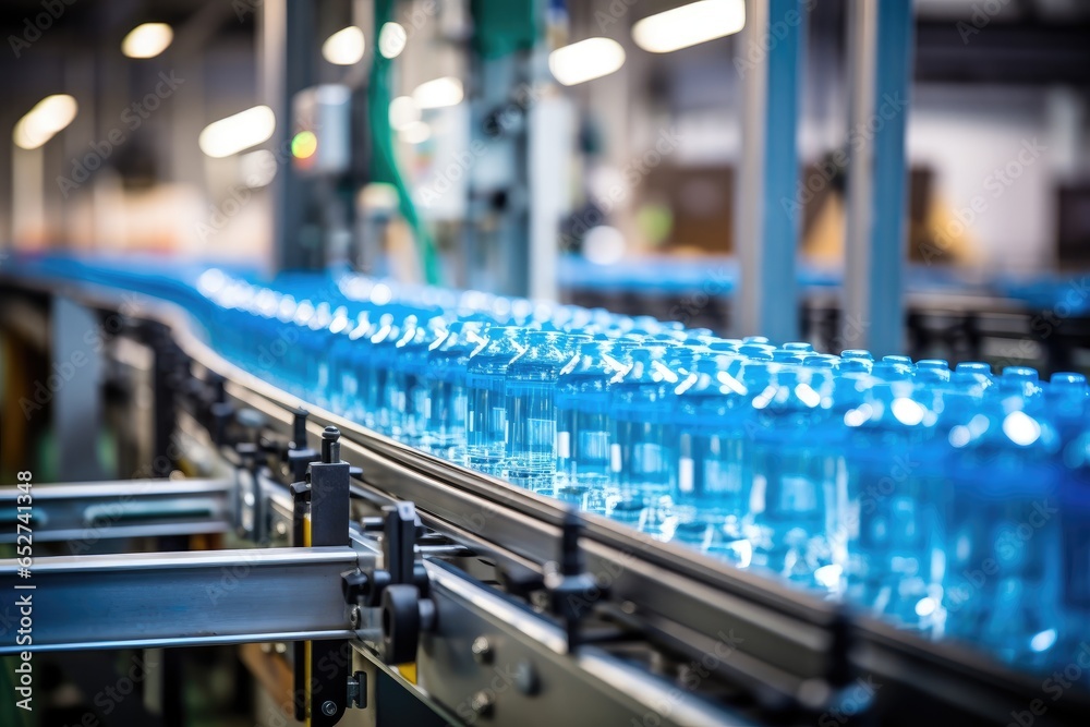 Process of beverage manufacturing on a conveyor belt at a factory.