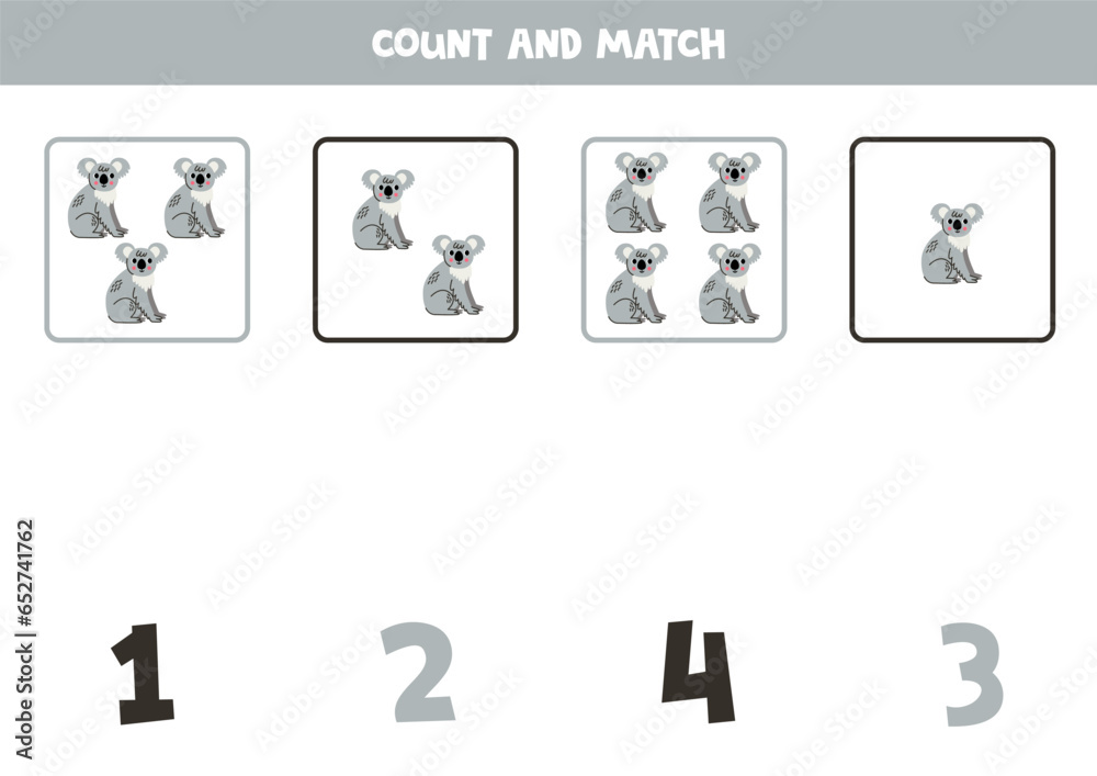 Counting game for kids. Count all koalas and match with numbers. Worksheet for children.